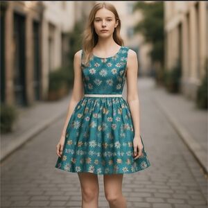 Liza Luxe emerald Kelly green floral satin fit and flare sleeveless dress sz M